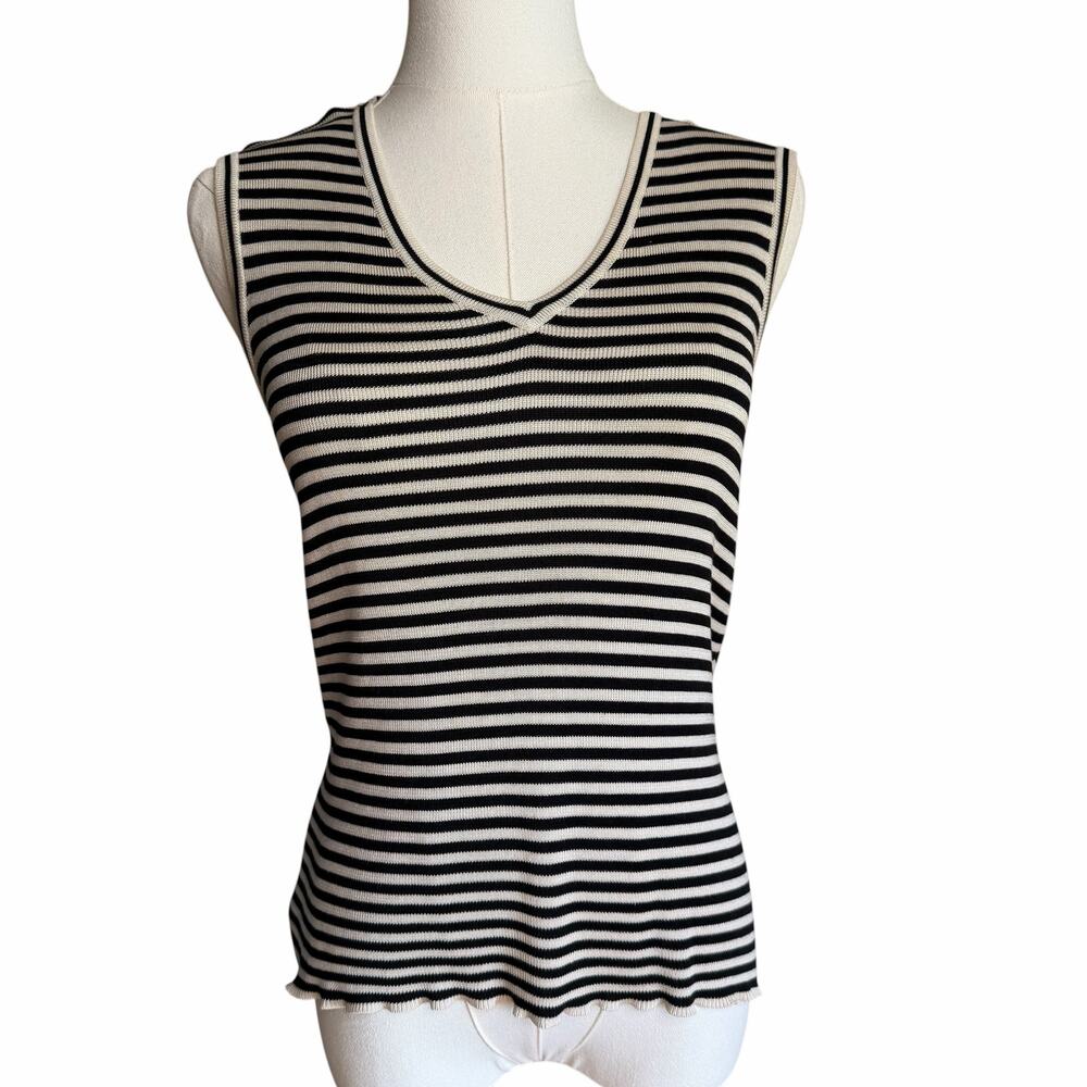 Ann Taylor Sleeveless Black Cream Striped Silk Knit V Neck Top Women’s Small